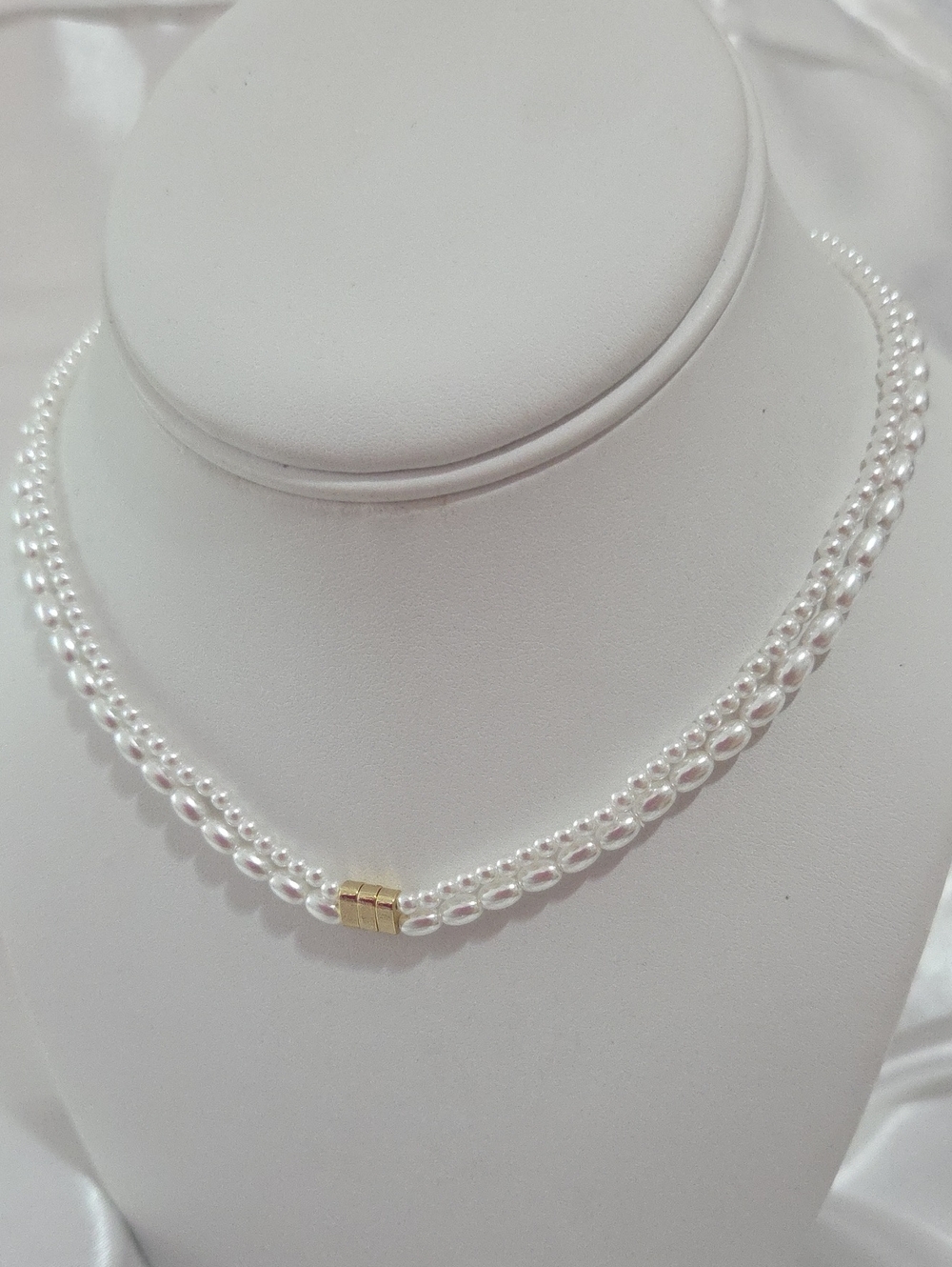 18k Laminated Gold Elegant White Pearl Double-Strand Necklace with Gold Accent